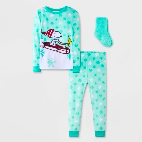 4T Toddler 2pc Snoopy Snuggly Soft Pajama Set Socks Aqua Blue Top Pants New - Picture 12 of 12